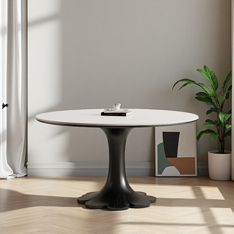 Mid-century Black Solid Wood Flower-shaped Base Dining Table