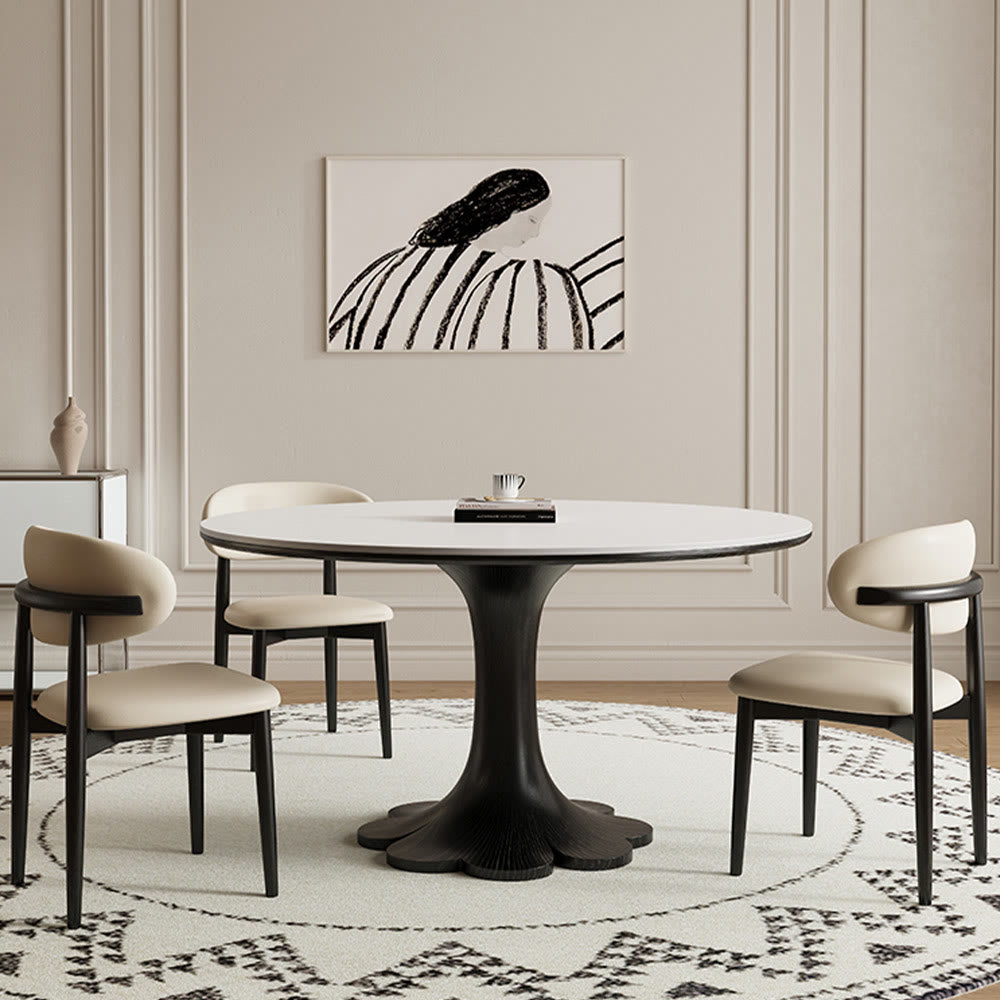 Mid-century Black Solid Wood Flower-shaped Base Dining Table