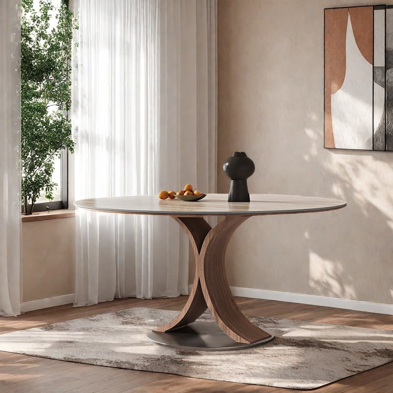 Limestone Slab Dining Table With Solid Wood Base