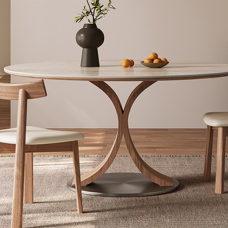 Limestone Slab Dining Table With Solid Wood Base