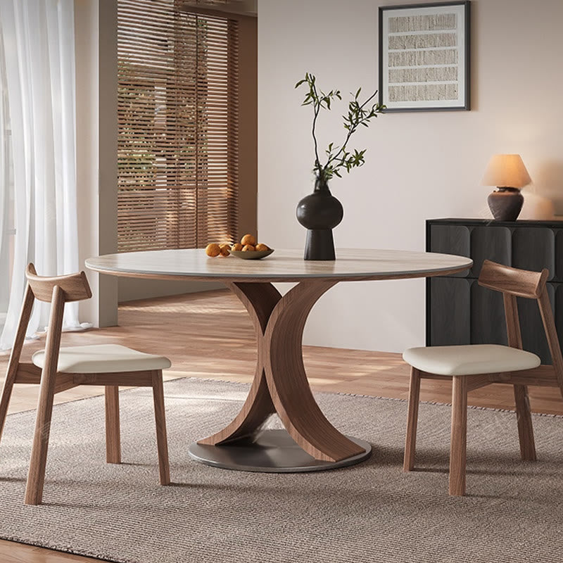 Limestone Slab Dining Table With Solid Wood Base