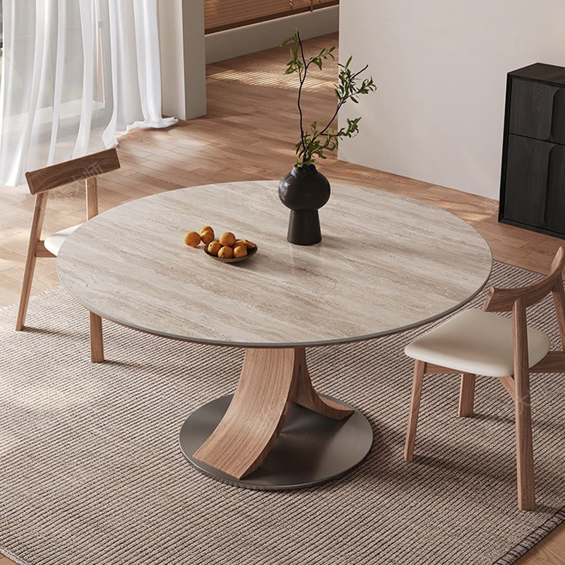 Limestone Slab Dining Table With Solid Wood Base