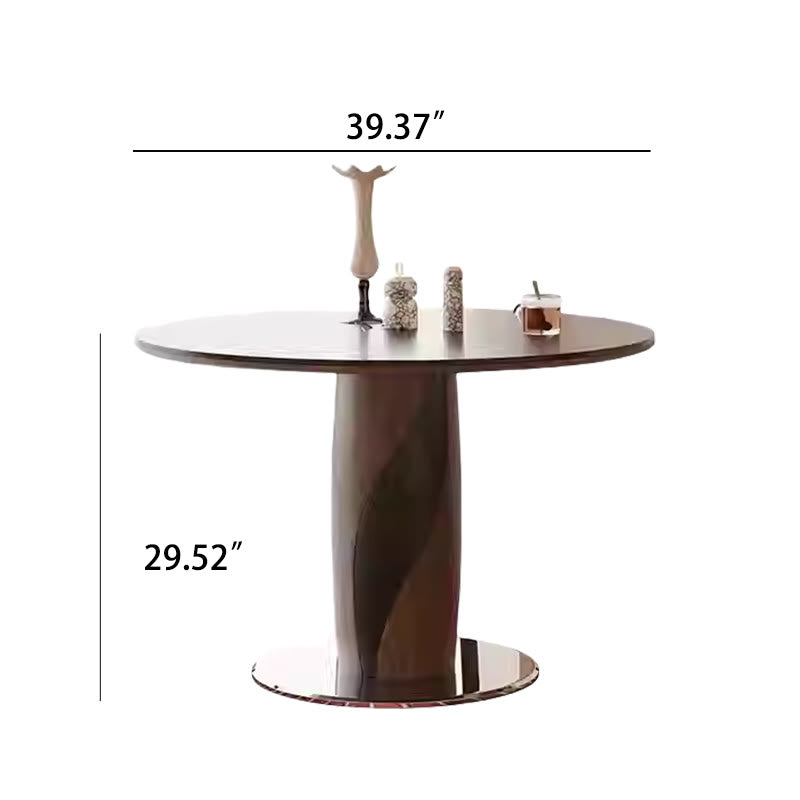 Round Dining Table With Line-decorated Solid Wood Base