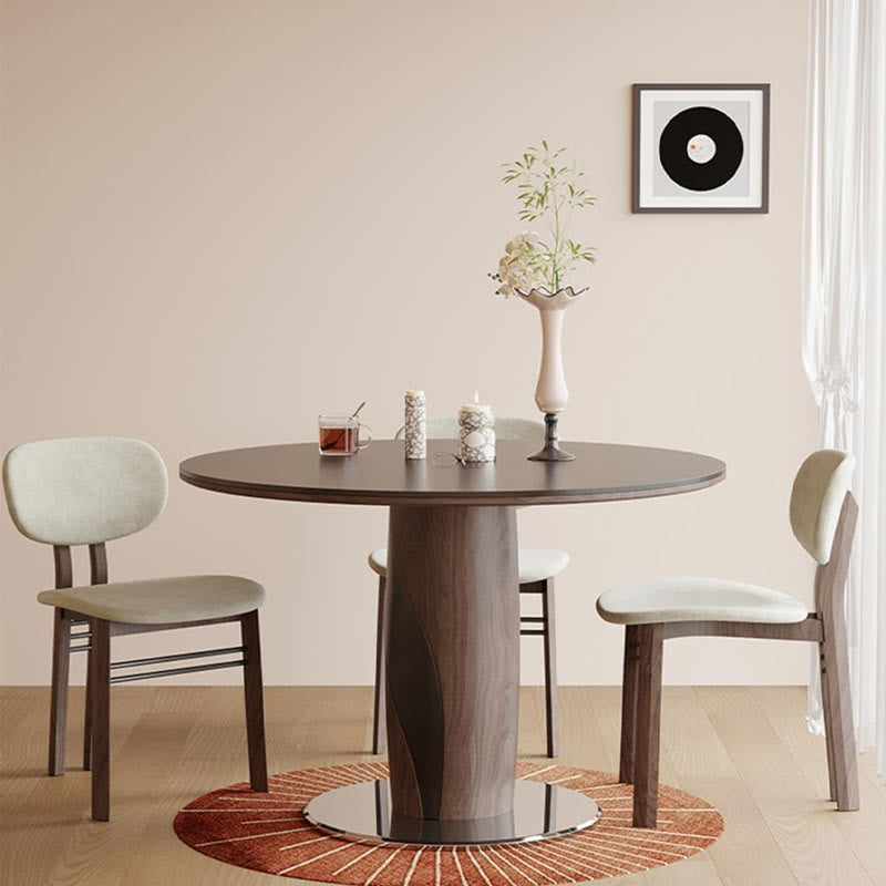 Round Dining Table With Line-decorated Solid Wood Base