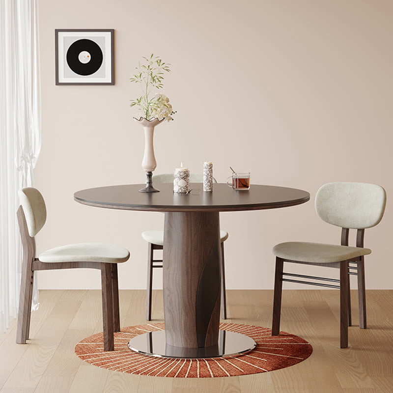 Round Dining Table With Line-decorated Solid Wood Base