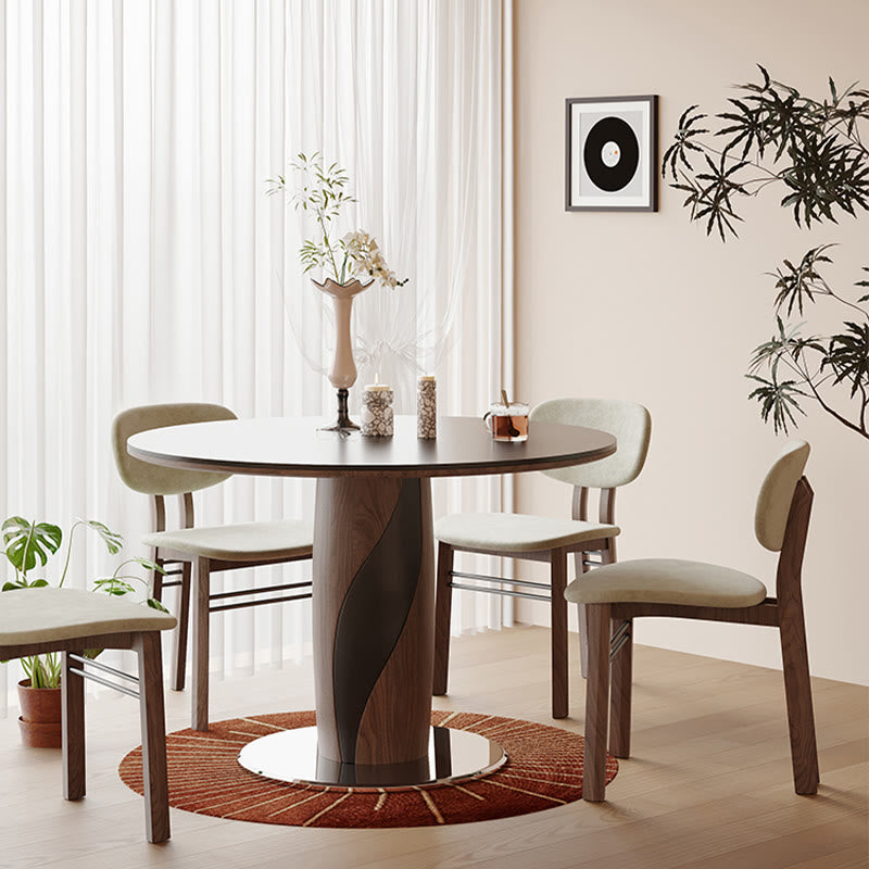 Round Dining Table With Line-decorated Solid Wood Base
