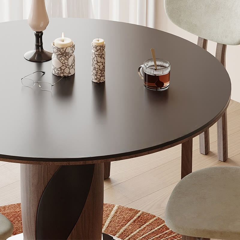 Round Dining Table With Line-decorated Solid Wood Base