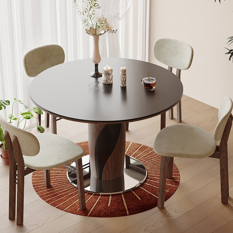 Round Dining Table With Line-decorated Solid Wood Base