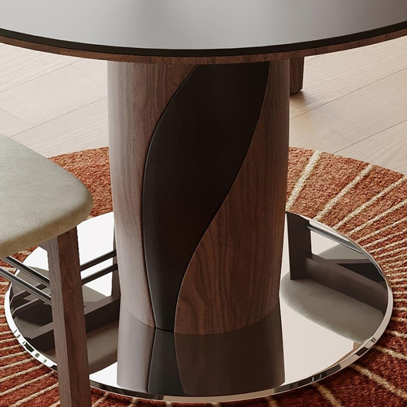Round Dining Table With Line-decorated Solid Wood Base