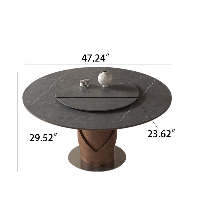 V-shaped Curve Solid Wood Base Dining Table With Lazy Susan