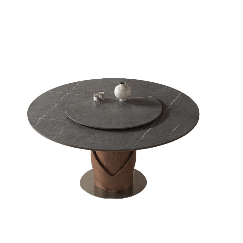 V-shaped Curve Solid Wood Base Dining Table With Lazy Susan