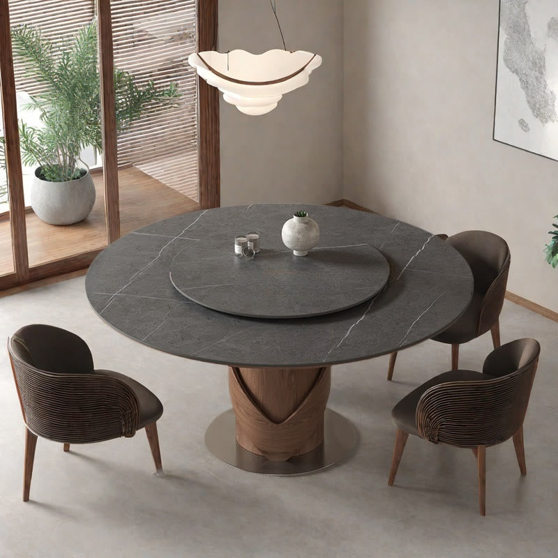 V-shaped Curve Solid Wood Base Dining Table With Lazy Susan