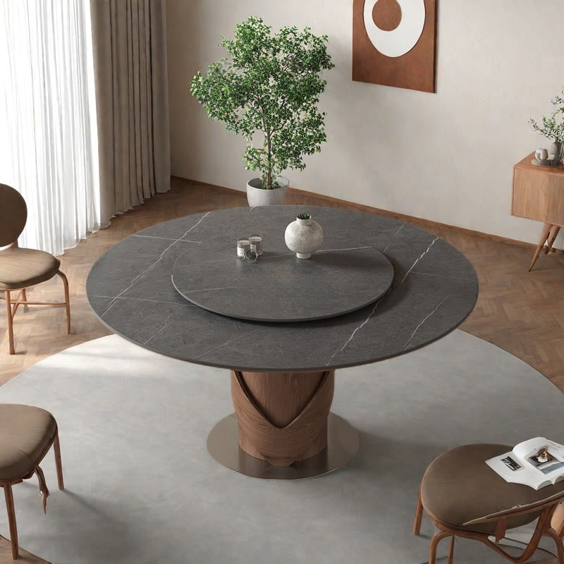 V-shaped Curve Solid Wood Base Dining Table With Lazy Susan