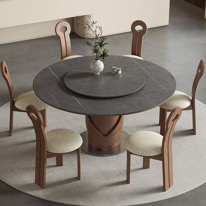 V-shaped Curve Solid Wood Base Dining Table With Lazy Susan