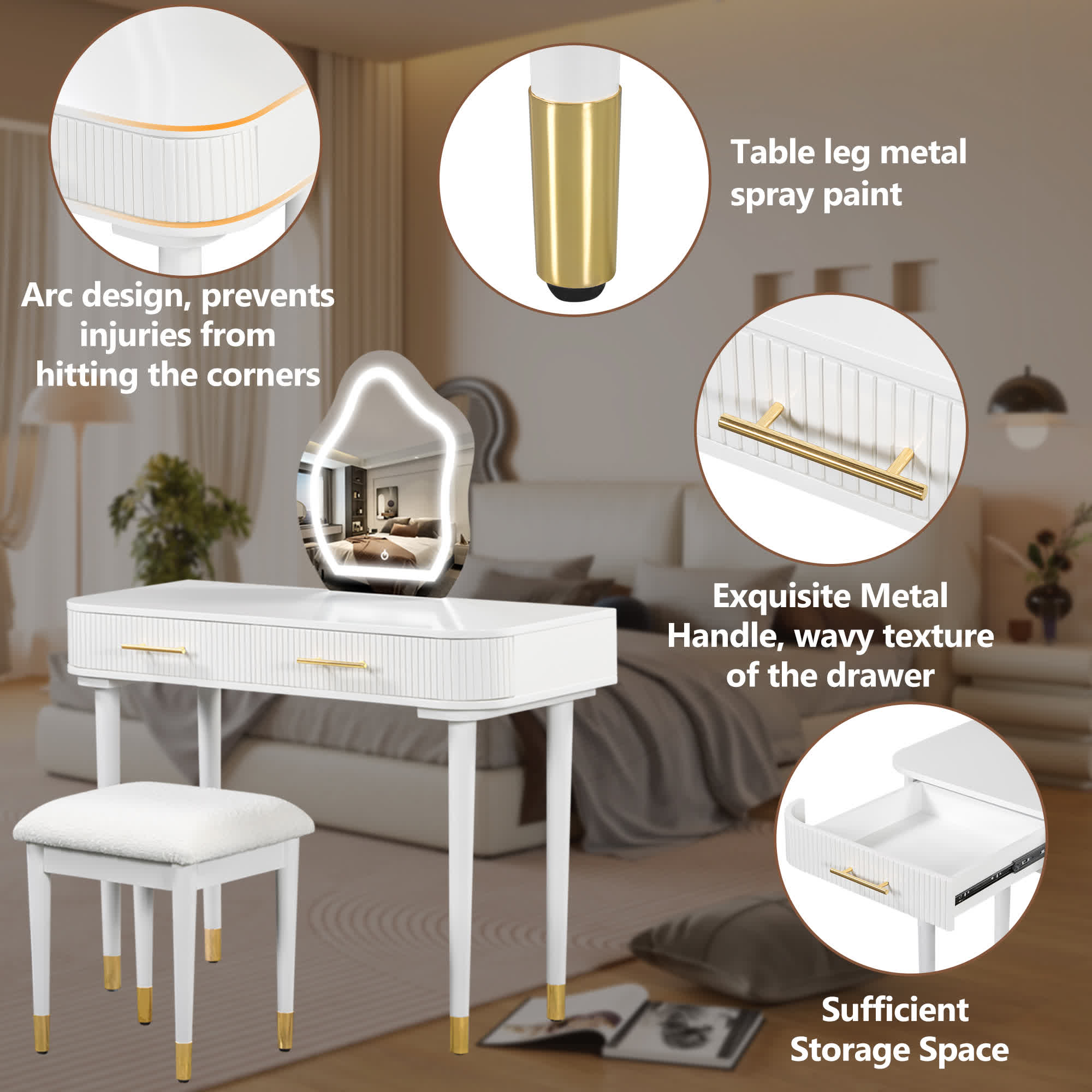 Modern Vanity Drawers Table Stool Set