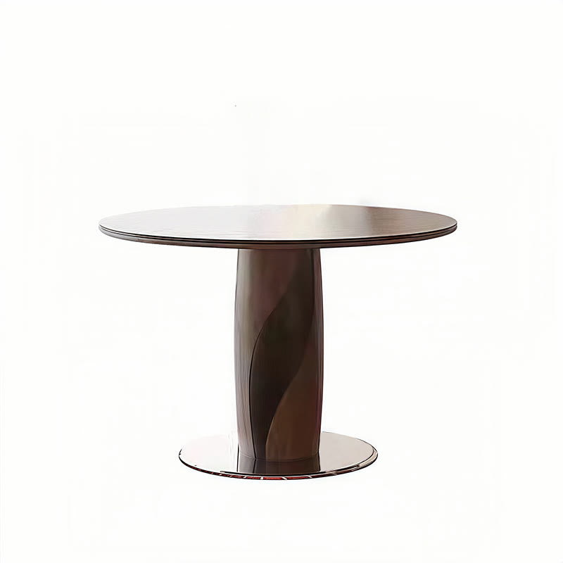 Round Dining Table With Line-decorated Solid Wood Base