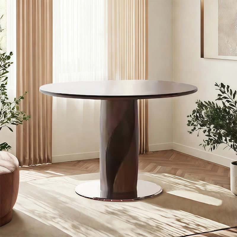 Round Dining Table With Line-decorated Solid Wood Base