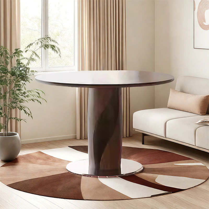 Round Dining Table With Line-decorated Solid Wood Base