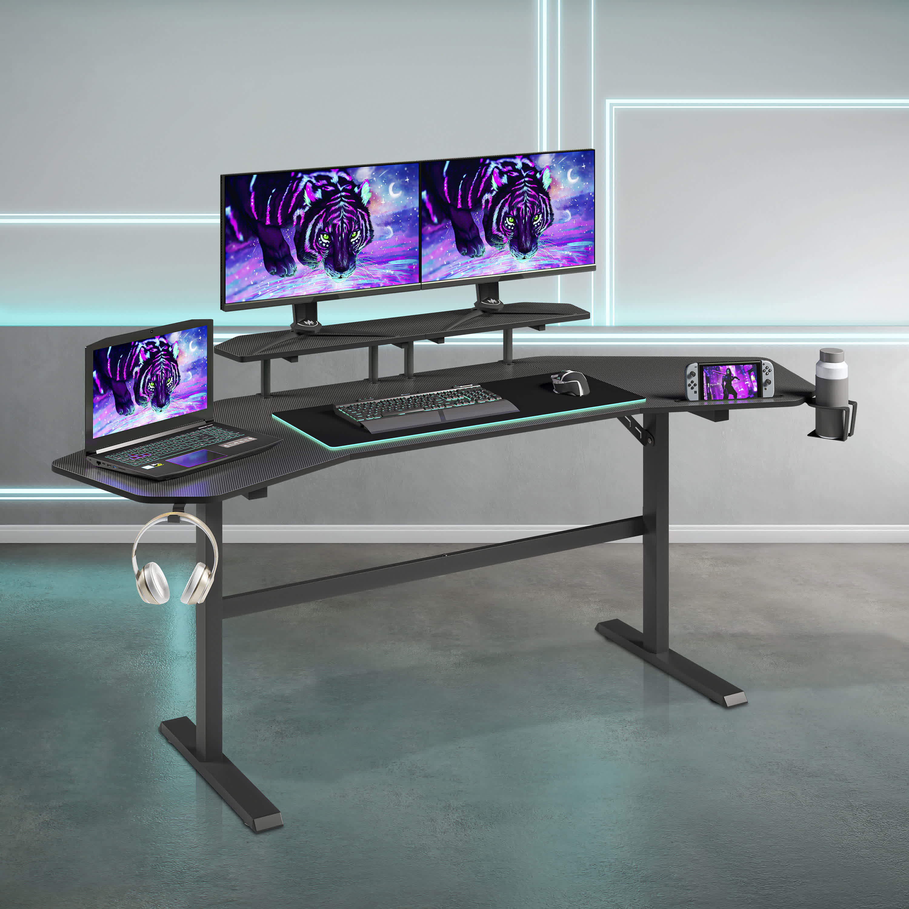 Modern Gaming Desk with Shelves & Accessory Holder - Black - 70.50"L x 29.00"W x 35.00"H - image 0