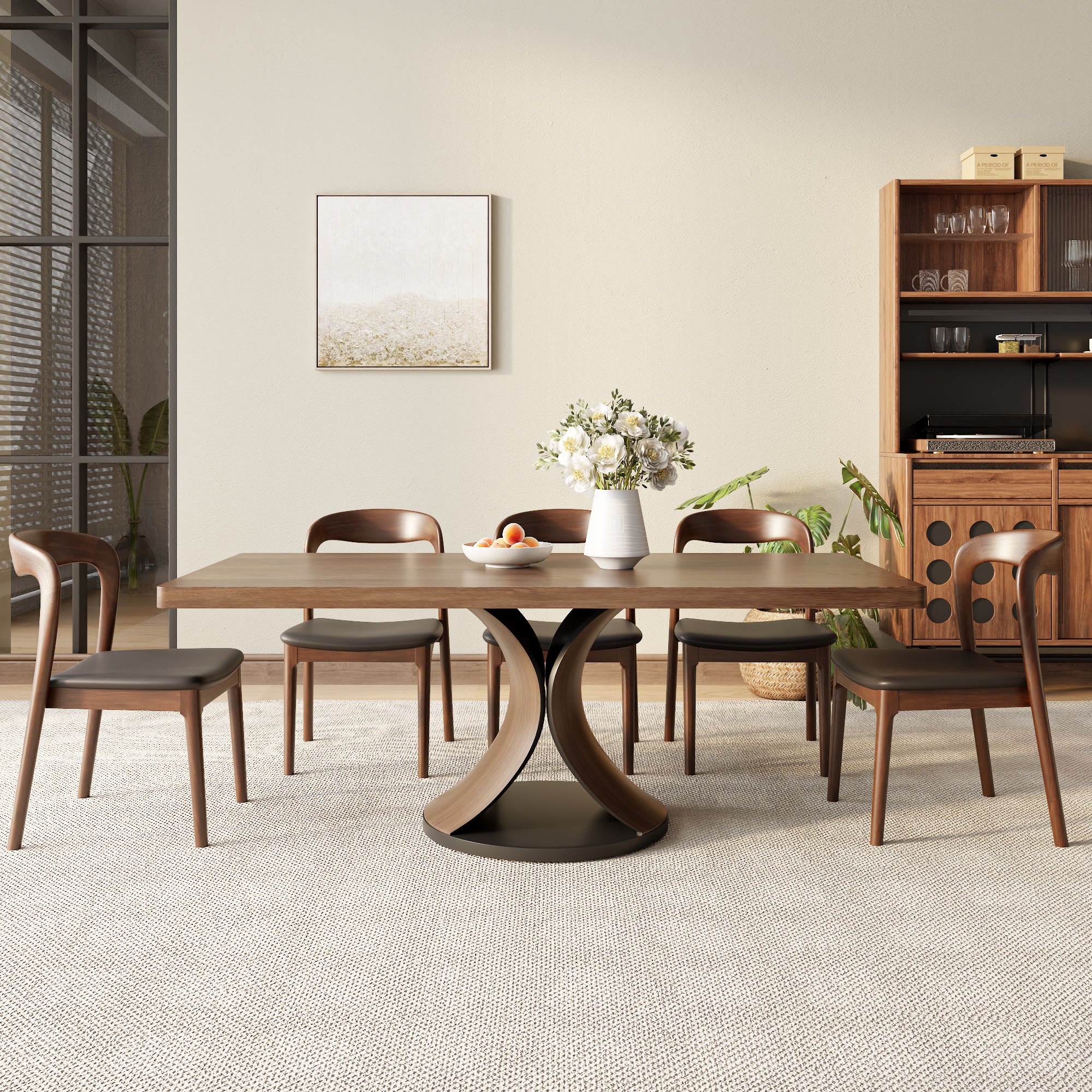Rectangular Solid Wood Dining Table With Double Arch-shaped Pedestal
