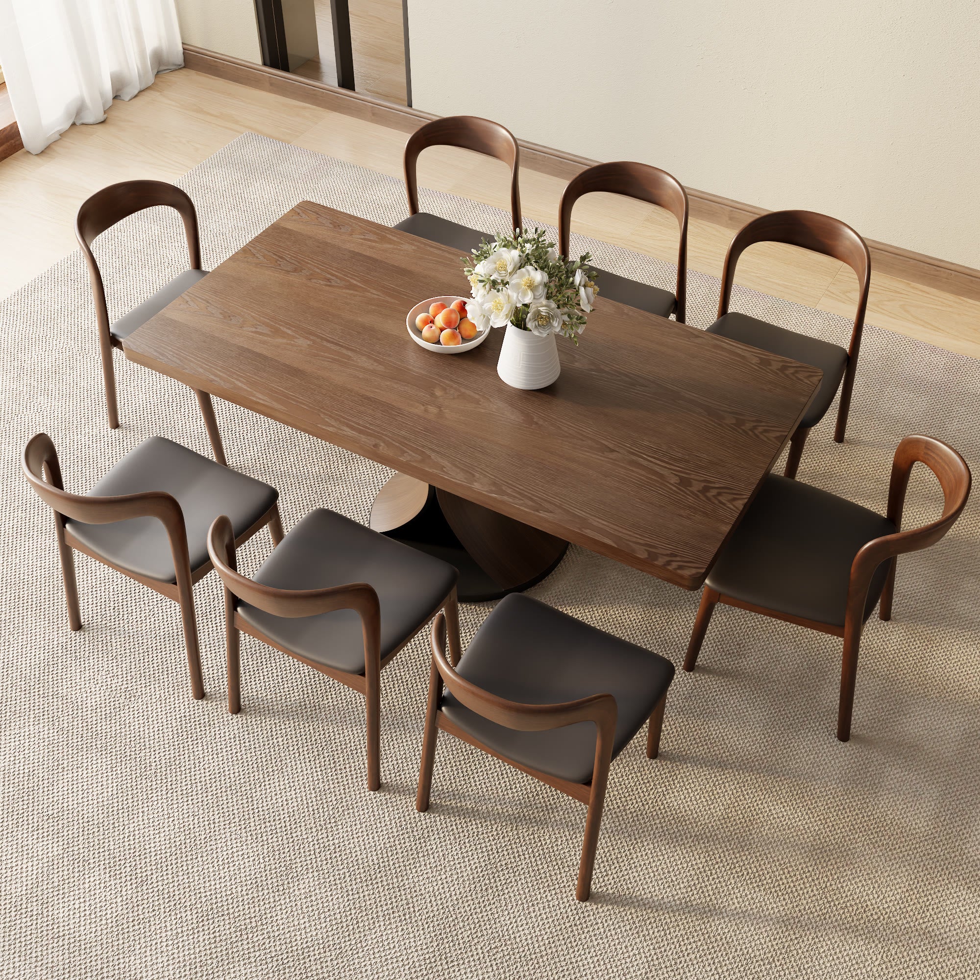 Rectangular Solid Wood Dining Table With Double Arch-shaped Pedestal