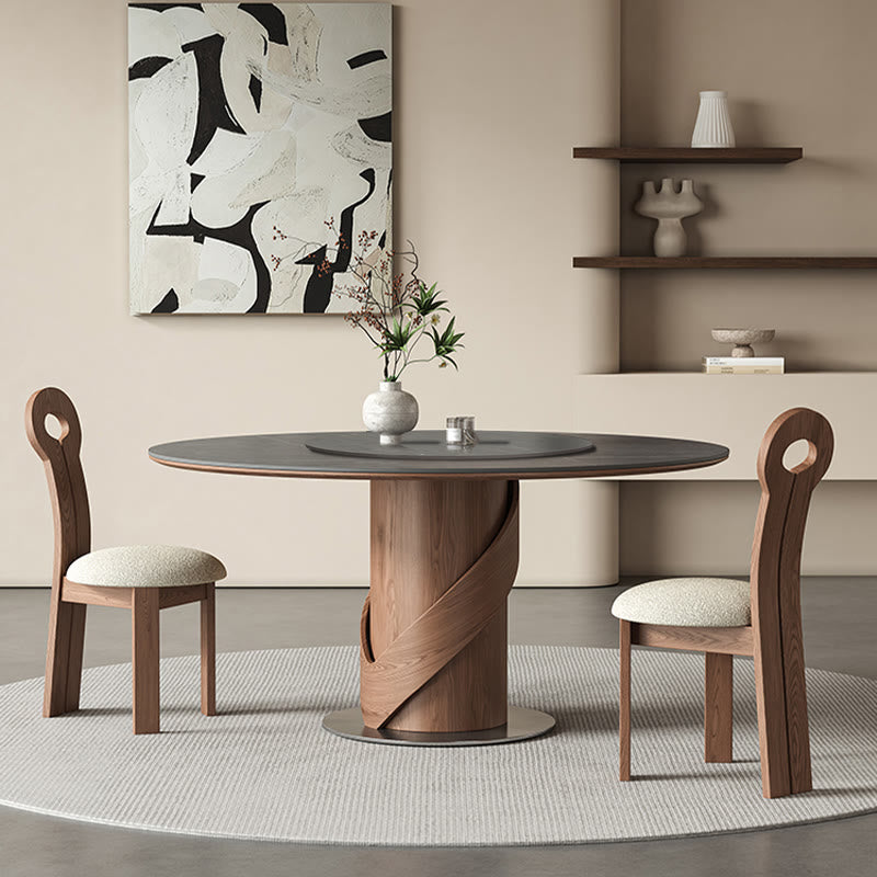 V-shaped Curve Solid Wood Base Dining Table With Lazy Susan