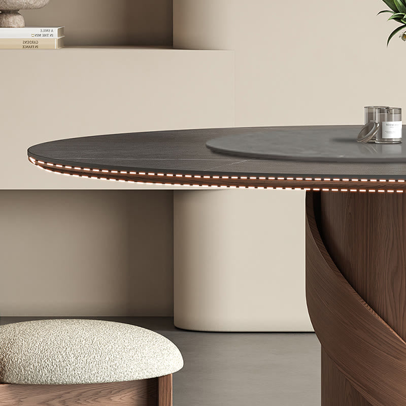 V-shaped Curve Solid Wood Base Dining Table With Lazy Susan