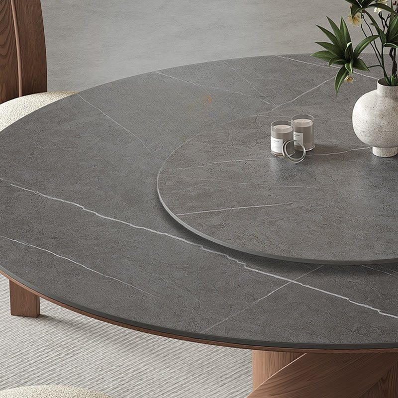 V-shaped Curve Solid Wood Base Dining Table With Lazy Susan