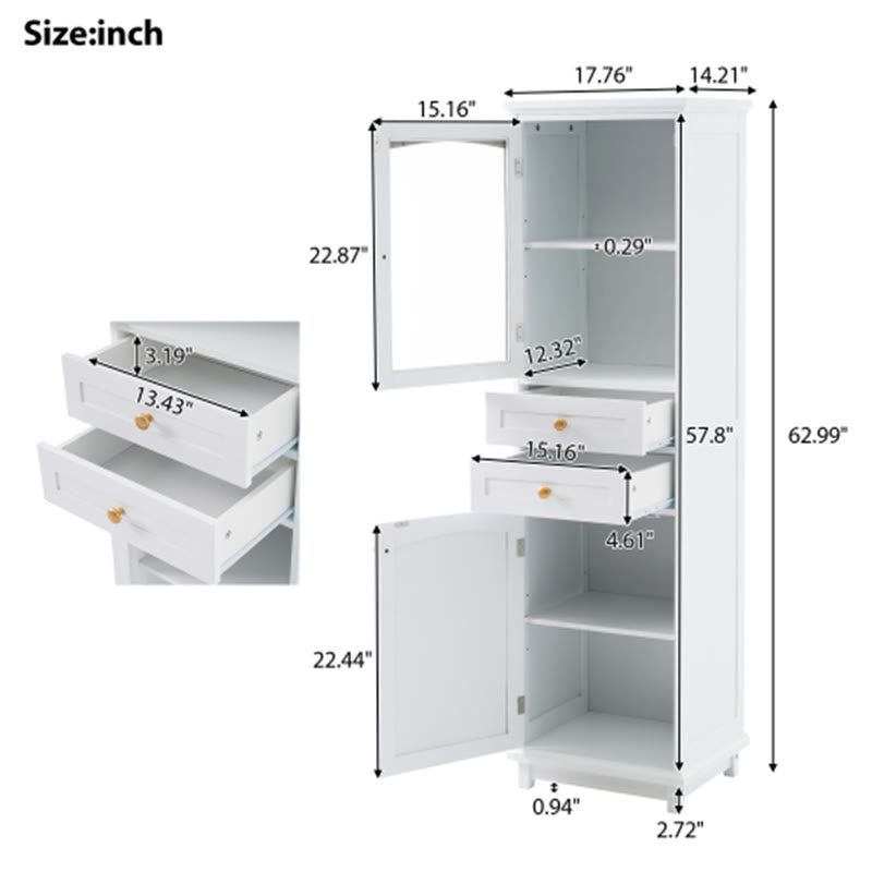 63" Tall Bathroom Storage Cabinet With Glass Doors