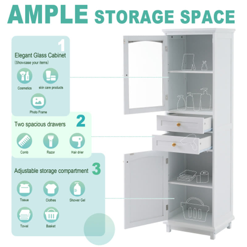 63" Tall Bathroom Storage Cabinet With Glass Doors