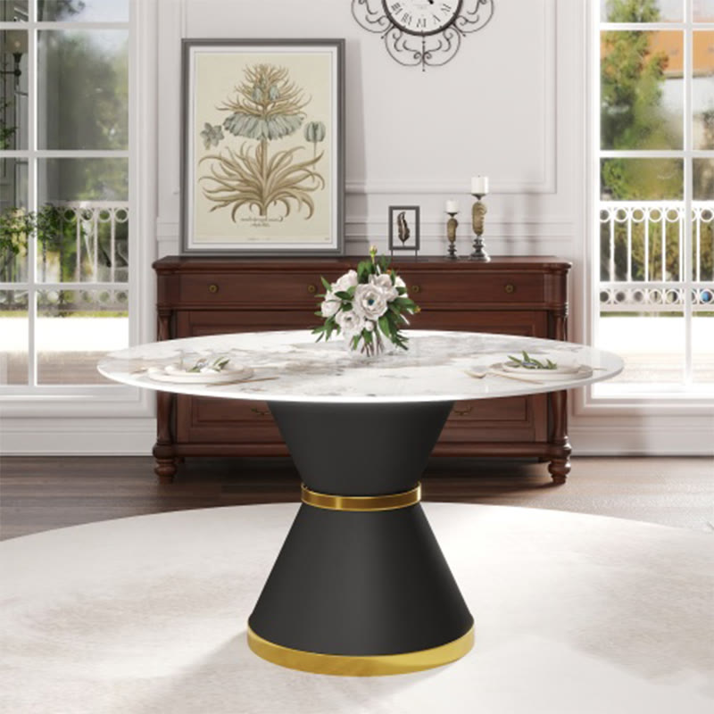 Modern Stone Round Dining Table With  Black Carbon Steel Base