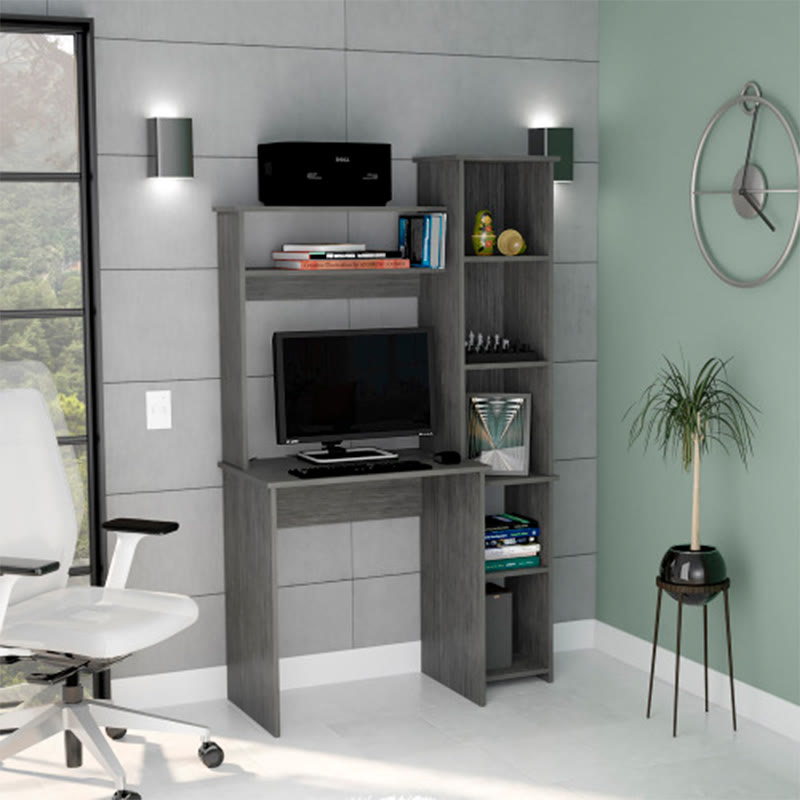Gray Home Office Desh With Hutch