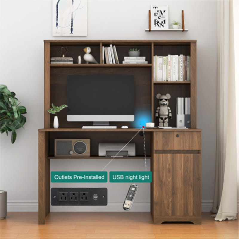 Wood Computer Desk With Hutch & Bookshelf