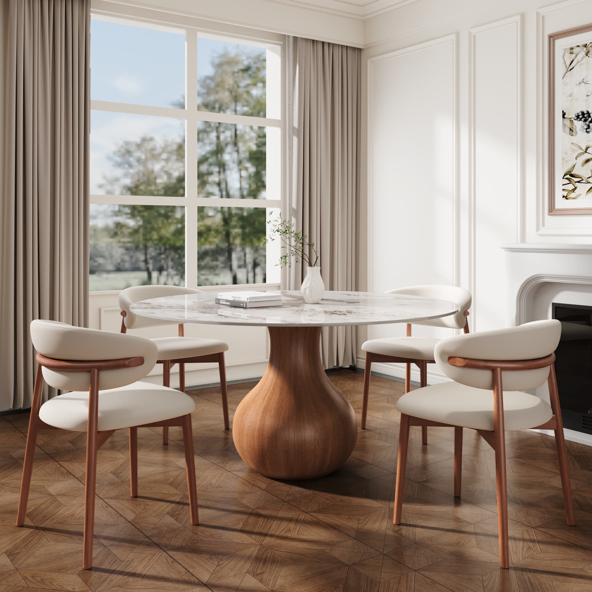 5-pieces Walnut-colored Aquarius Base Dining Table With Curved Backrest Dining Chairs - Pandora - 53.15"Table+4xDining Chairs - image 11