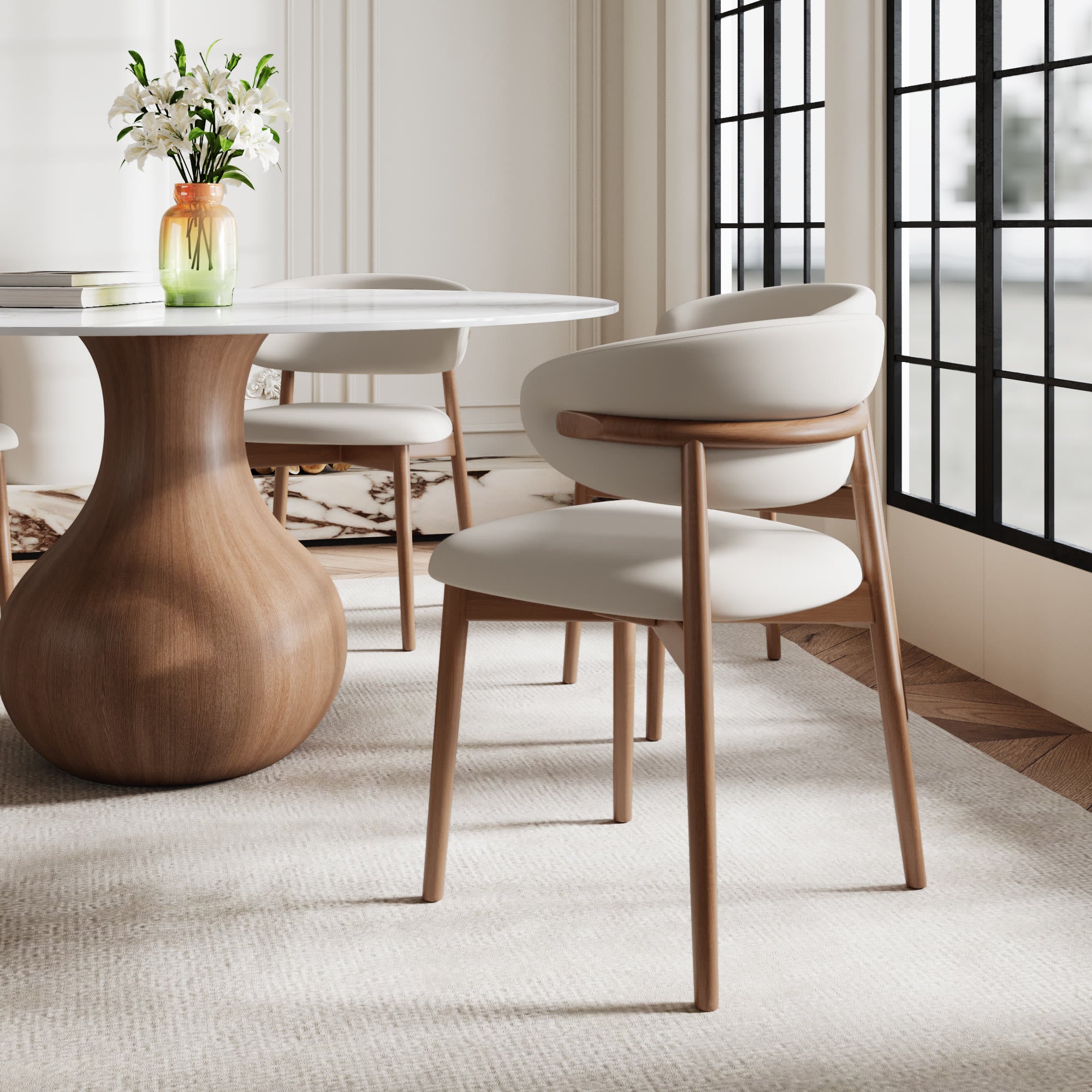 7-pieces Walnut-colored Aquarius Base Dining Table With Curved Backrest Dining Chairs
