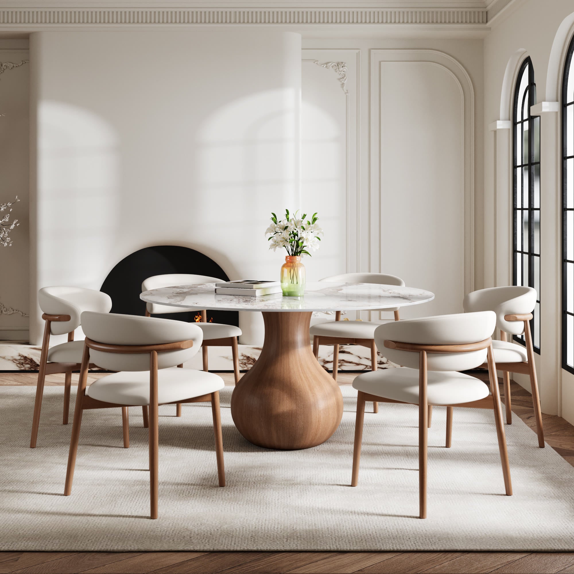 7-pieces Walnut-colored Aquarius Base Dining Table With Curved Backrest Dining Chairs