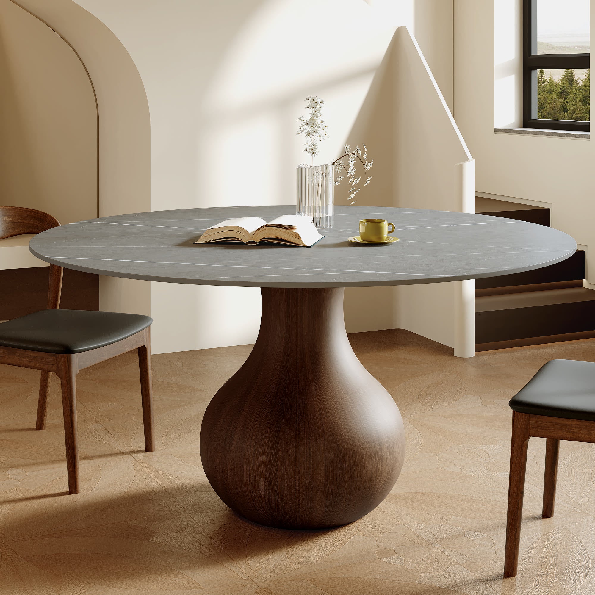 5-pieces Grey Vase-shaped Base Dining Table With Armless Wood Dining Chairs