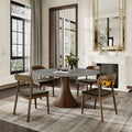 5-pieces Dark Walnut Slim Pedestal Base Dining Table With Black Cushion Dining Chairs