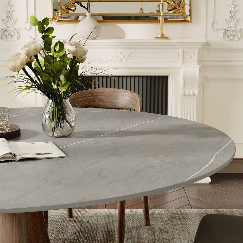 7-pieces Dark Walnut Slim Pedestal Base Dining Table With Black Armlesss Dining Chairs - image 9
