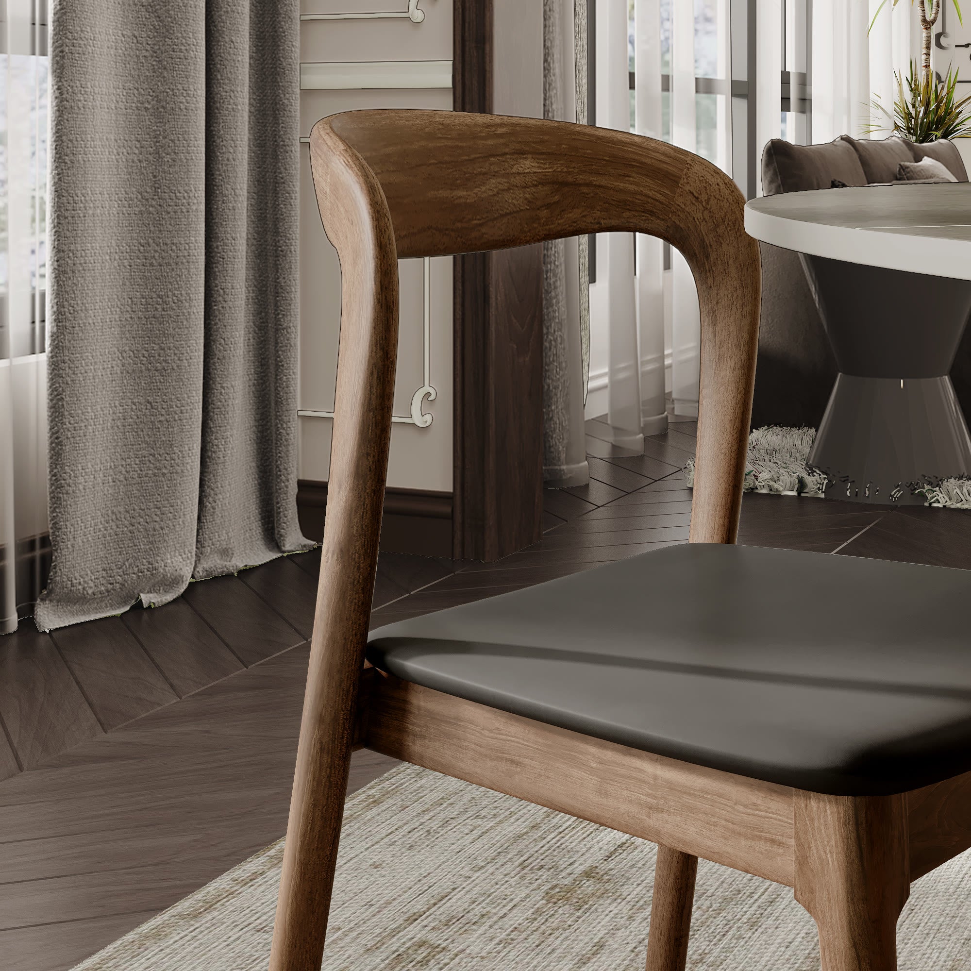 5-pieces Dark Walnut Slim Pedestal Base Dining Table With Black Cushion Dining Chairs