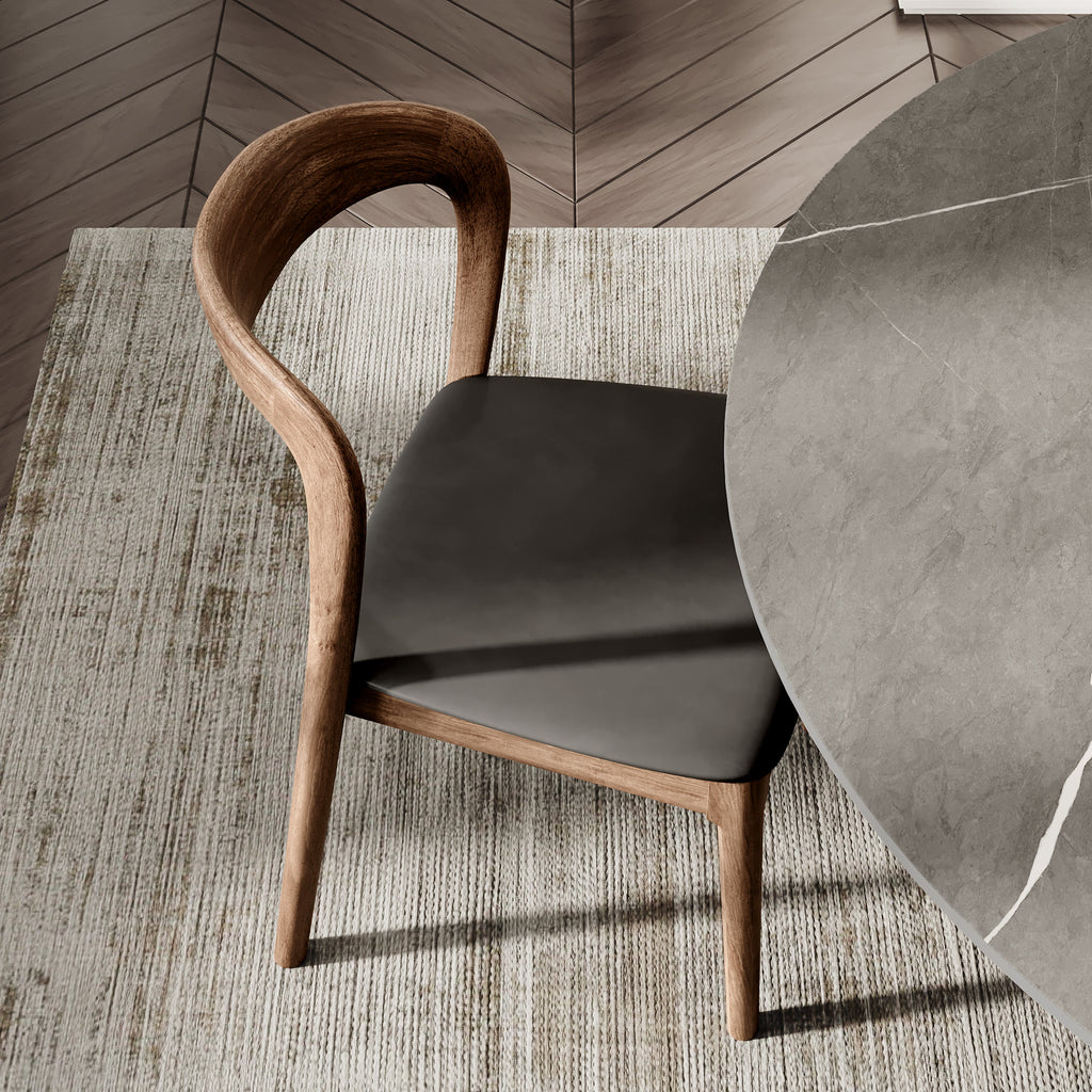 5-pieces Dark Walnut Slim Pedestal Base Dining Table With Black Cushion Dining Chairs