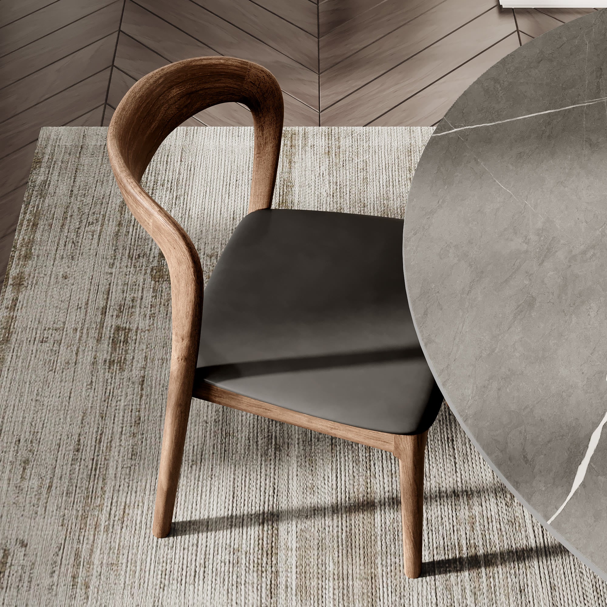 5-pieces Dark Walnut Slim Pedestal Base Dining Table With Black Cushion Dining Chairs