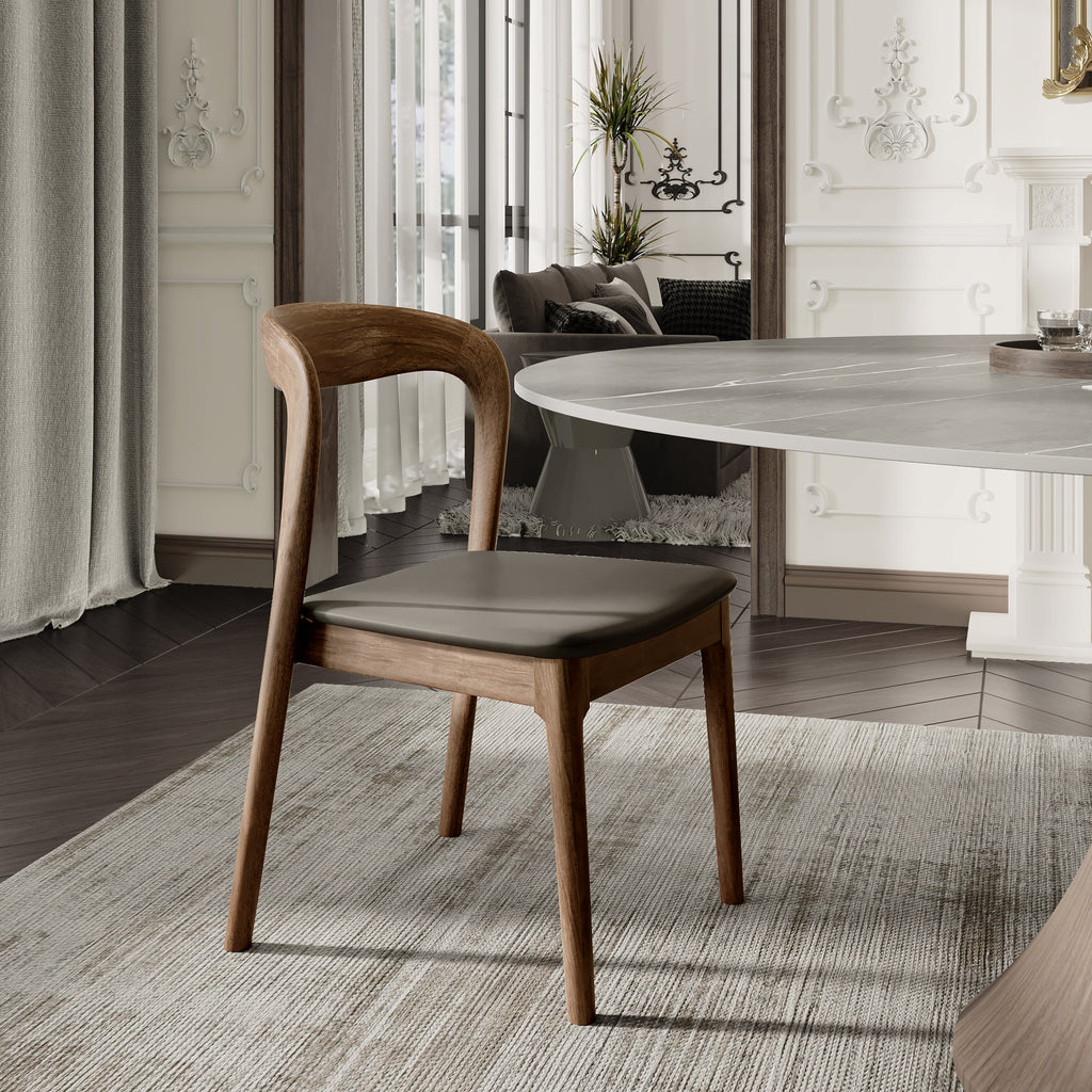 5-pieces Dark Walnut Slim Pedestal Base Dining Table With Black Cushion Dining Chairs