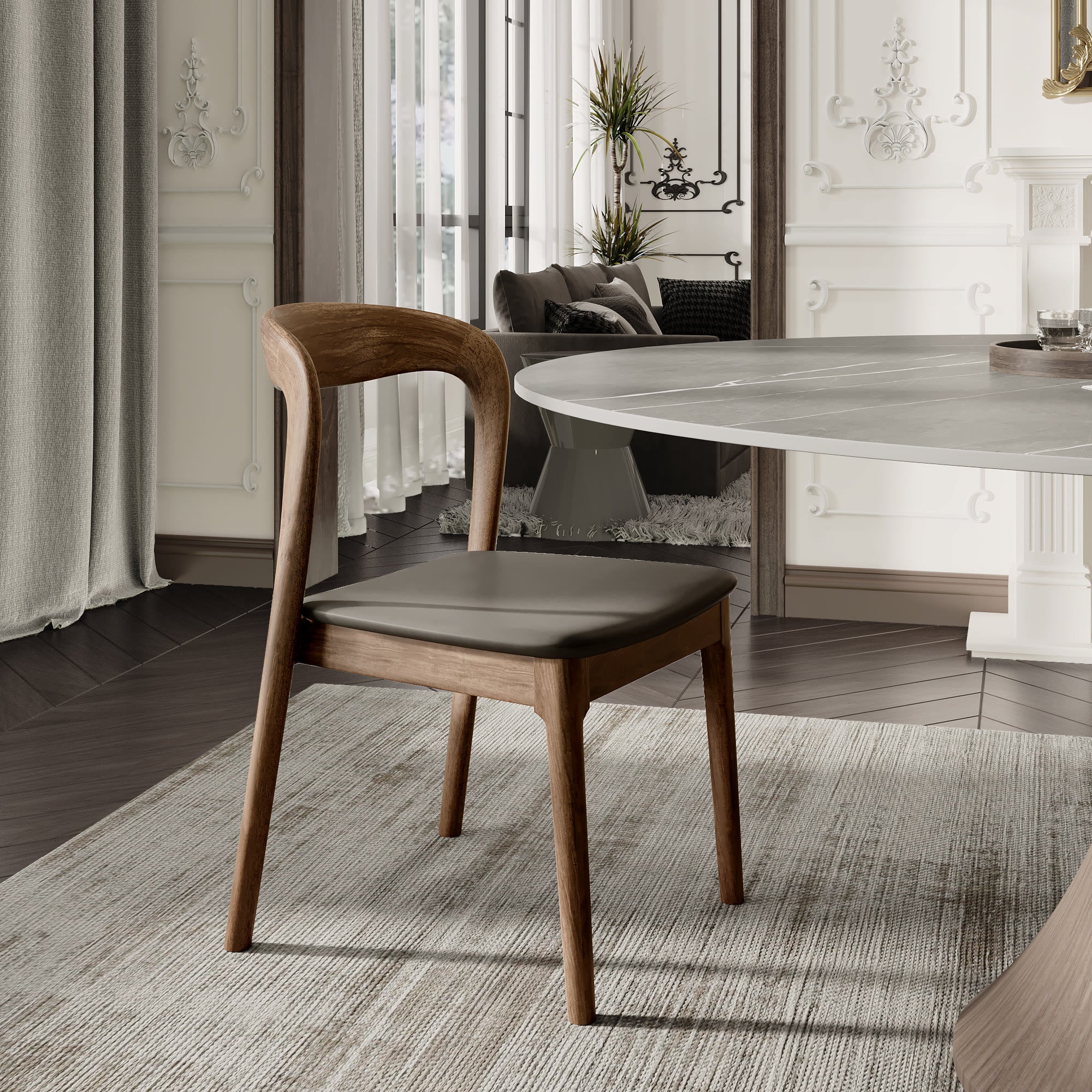 5-pieces Dark Walnut Slim Pedestal Base Dining Table With Black Cushion Dining Chairs