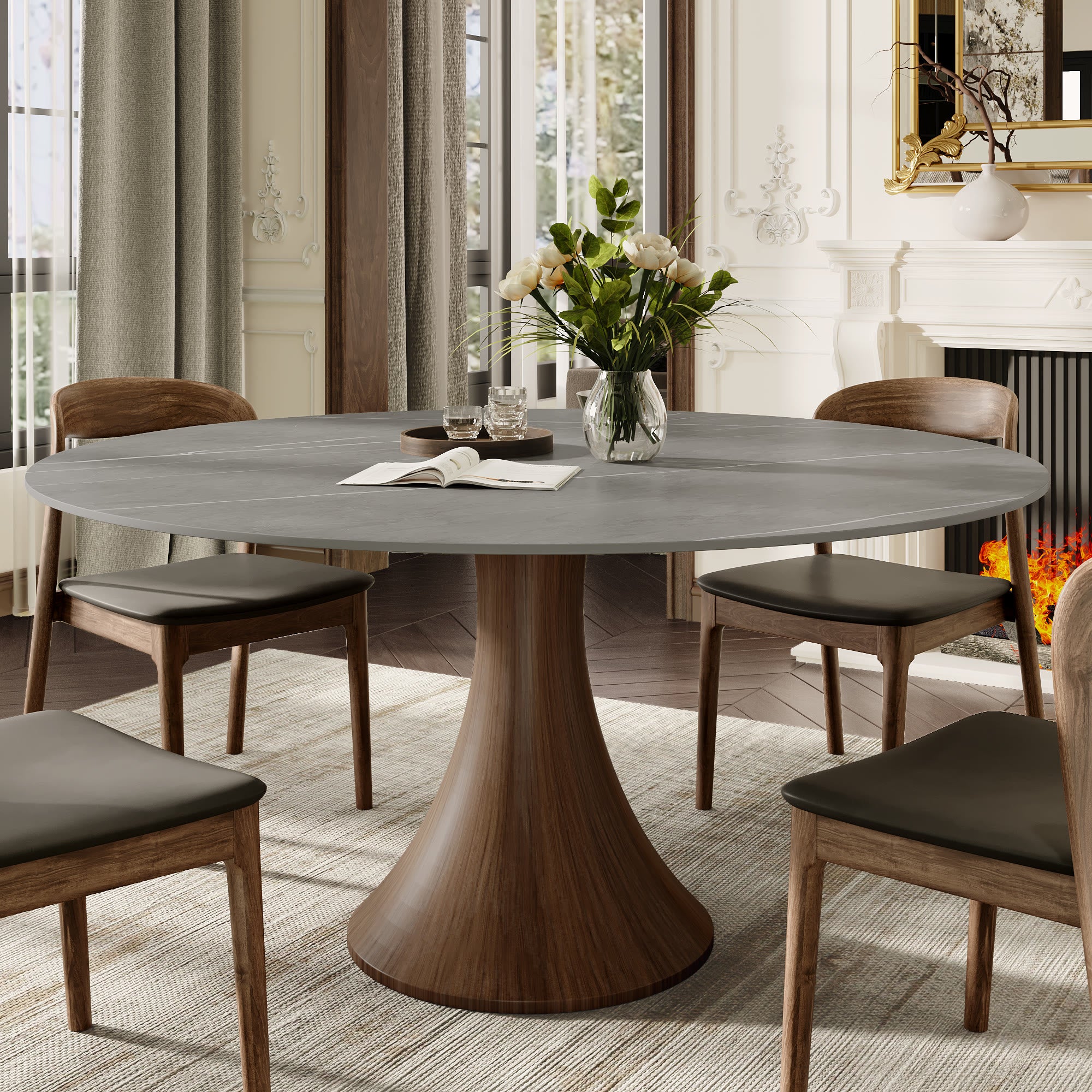 7-pieces Dark Walnut Slim Pedestal Base Dining Table With Black Armlesss Dining Chairs
