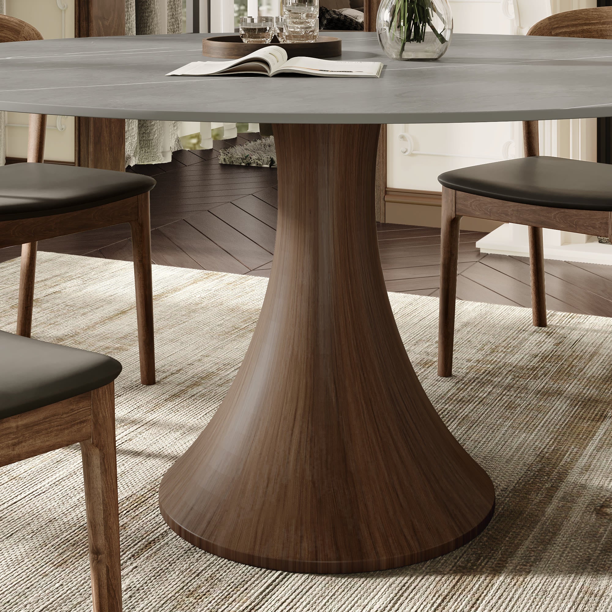 5-pieces Dark Walnut Slim Pedestal Base Dining Table With Black Cushion Dining Chairs