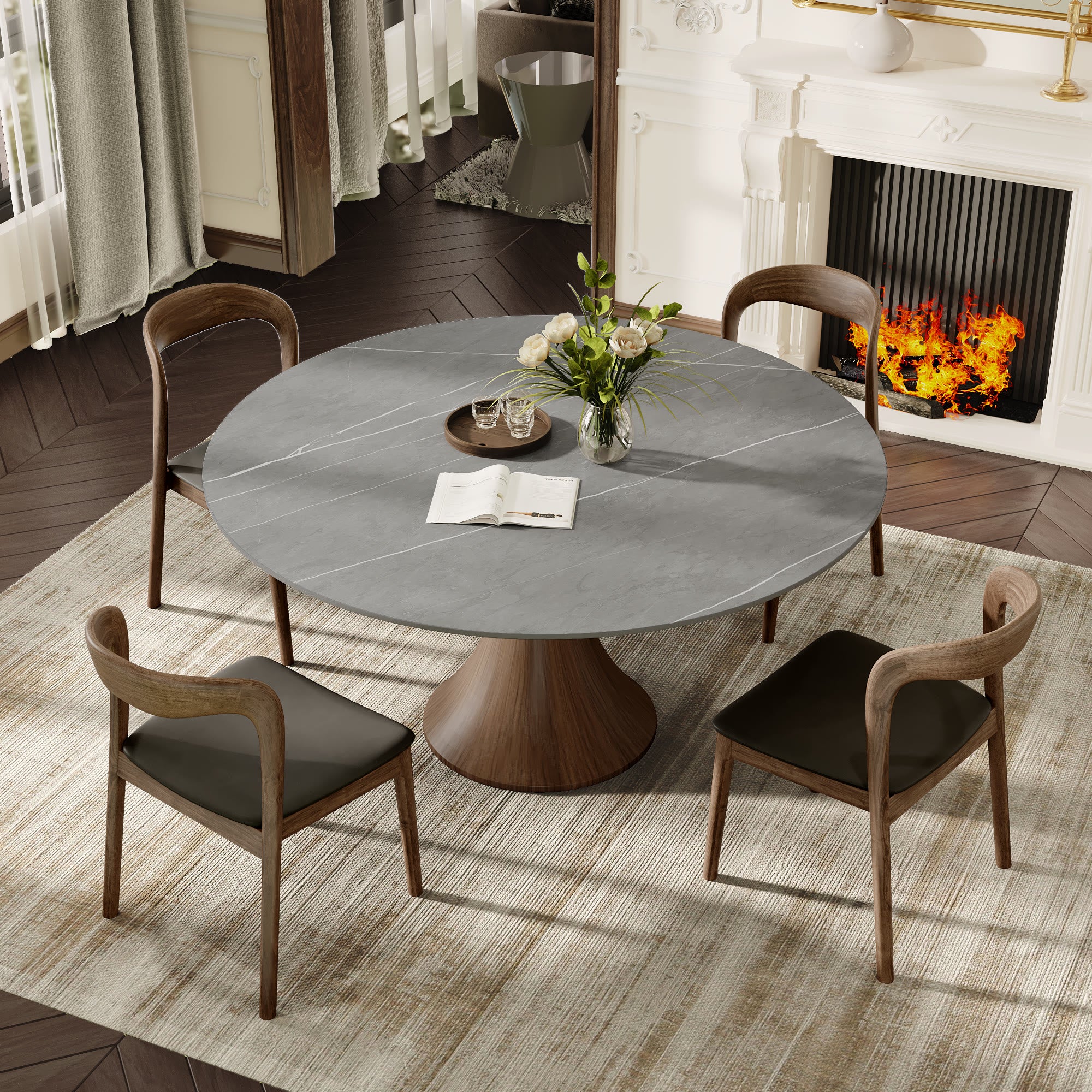 5-pieces Dark Walnut Slim Pedestal Base Dining Table With Black Cushion Dining Chairs