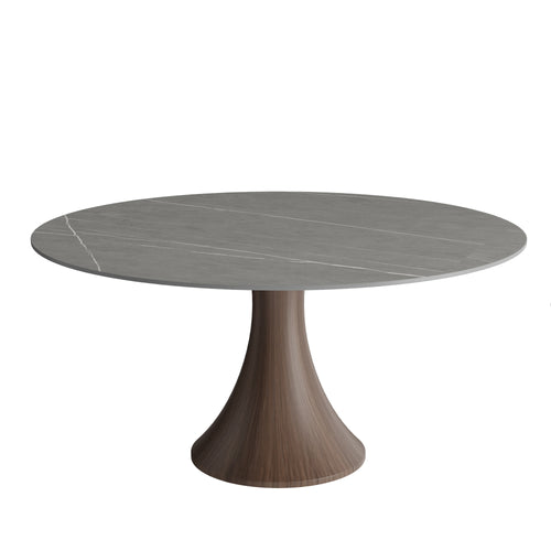 7-pieces Dark Walnut Slim Pedestal Base Dining Table With Black Armlesss Dining Chairs - image 1