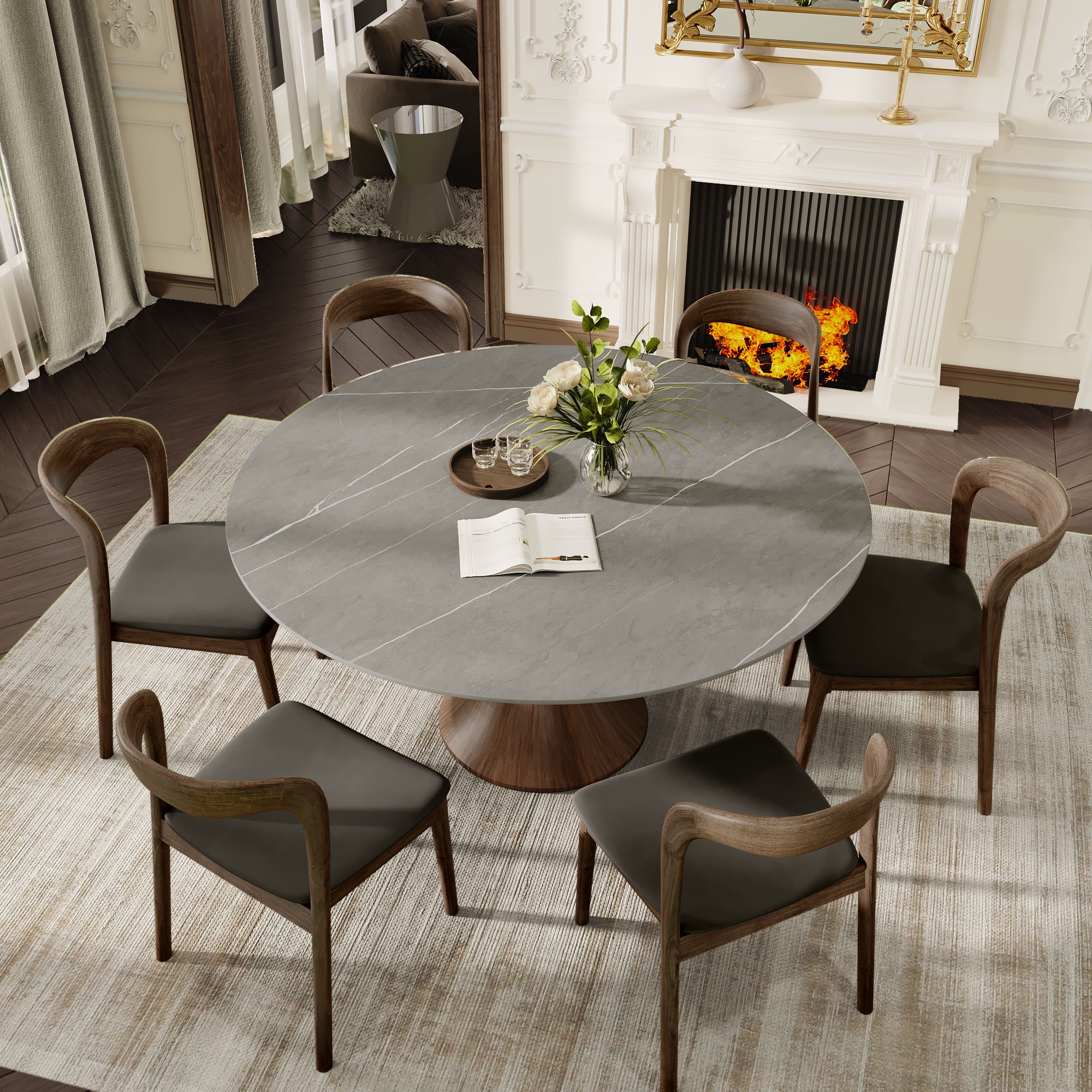 7-pieces Dark Walnut Slim Pedestal Base Dining Table With Black Armlesss Dining Chairs
