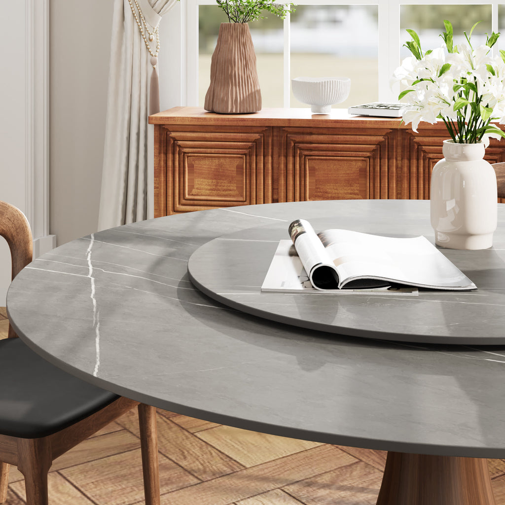 7 Pieces Slim Pedestal Base Dining Table With Black Leather Cushioned Dining Chairs - image 5